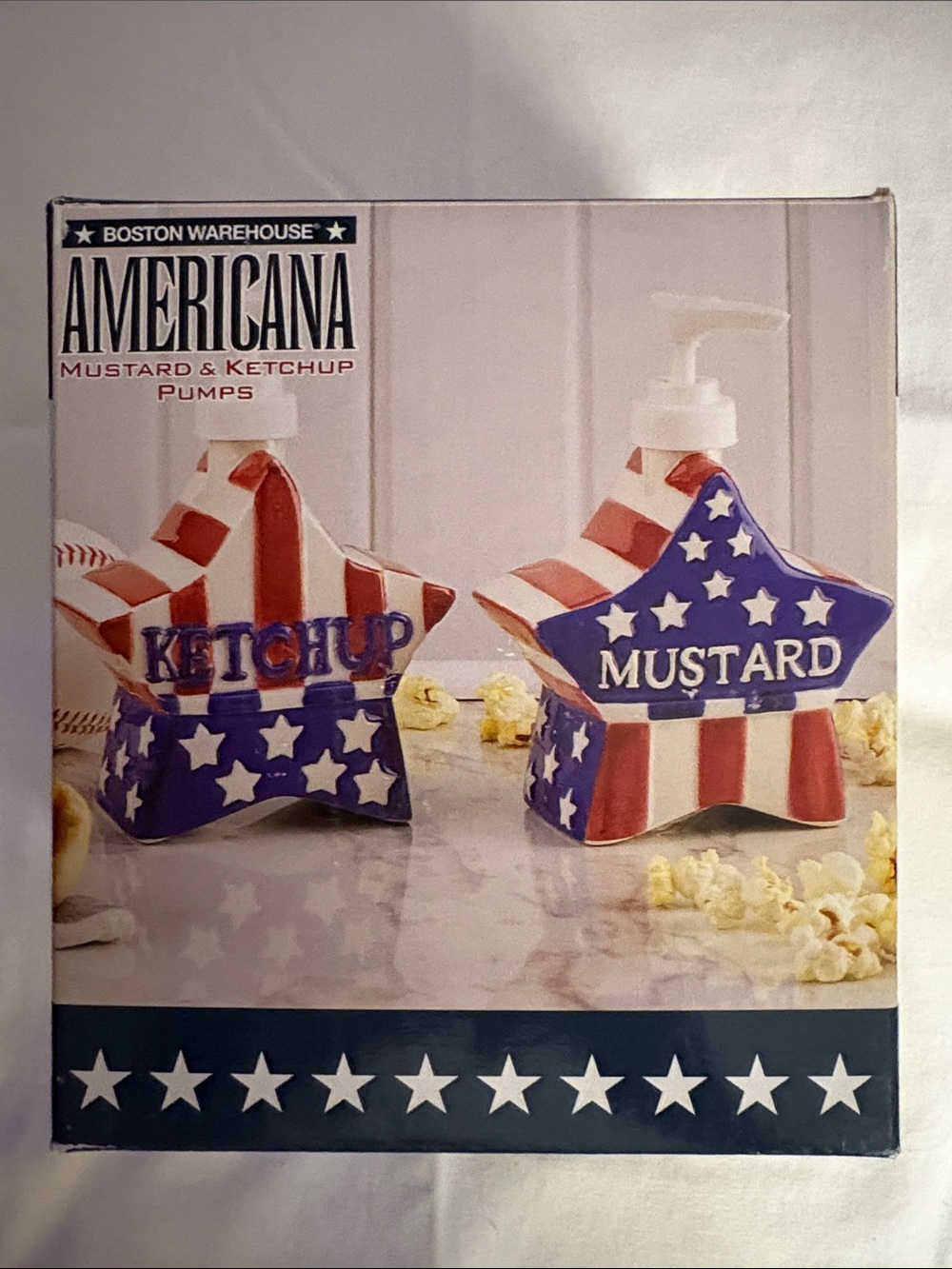 Boston Warehouse Americana Star Ketchup & Mustard Pump Set-Red, Whi & Blue. New